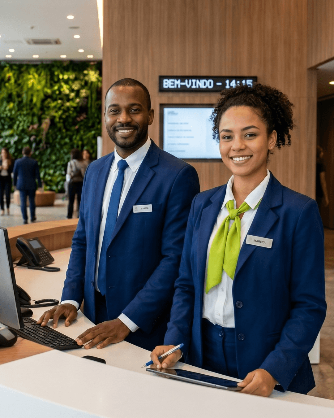 Equipe de recepção uniformizada em ambiente corporativo